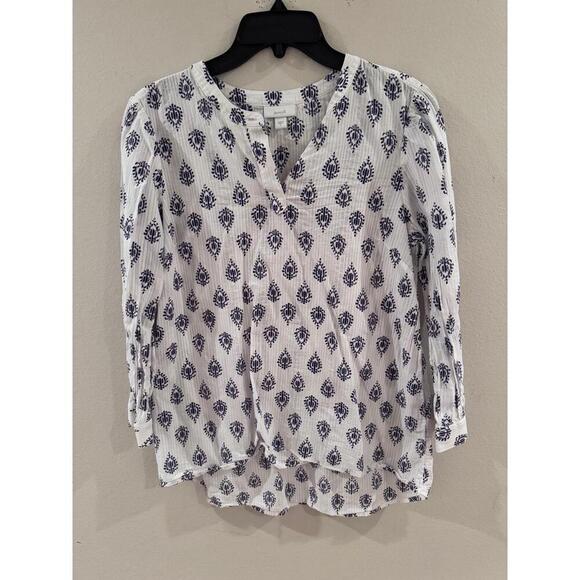 Pure Jill White Navy V-Neck Popover Printed Blouse Small Coastal Classic Breezy - Picture 1 of 7